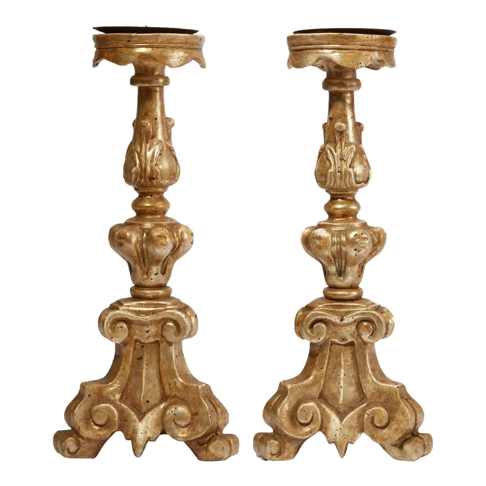 Pair of 18th Century Style Thomas Morgan Italian Giltwood Pricket Candlesticks For Sale