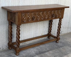 Pair of 18th Carved Two-Drawer Baroque Spanish Console Table with Iron Hardware