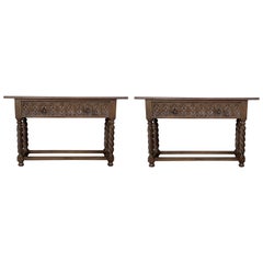 Pair of 18th Carved Two-Drawer Baroque Spanish Console Table with Iron Hardware
