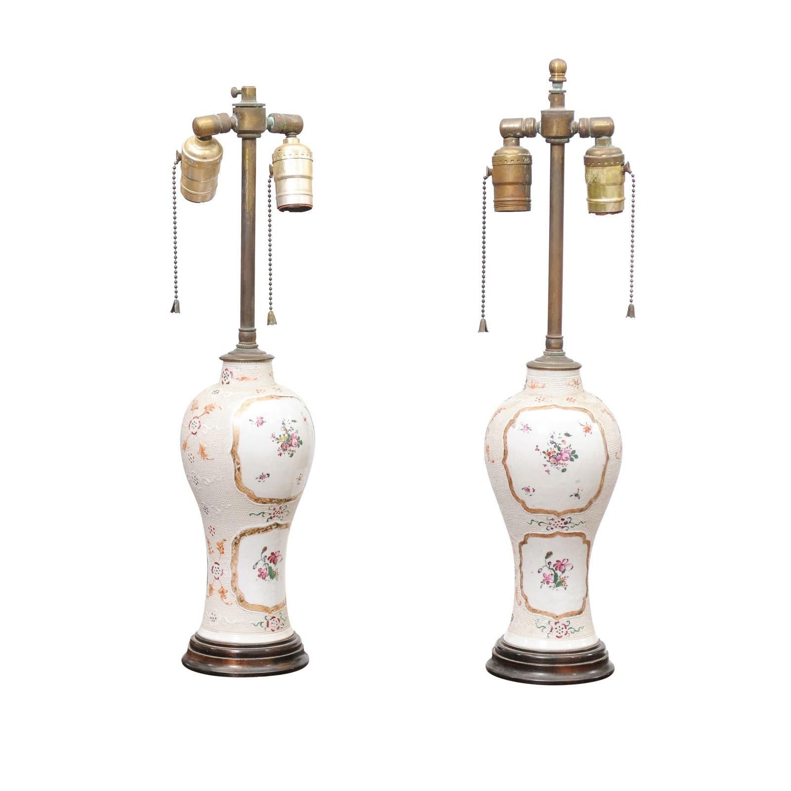 Pair of 18th Century Chinese Export “Chicken Skin” Famille Rose Vases, wired as Lamps