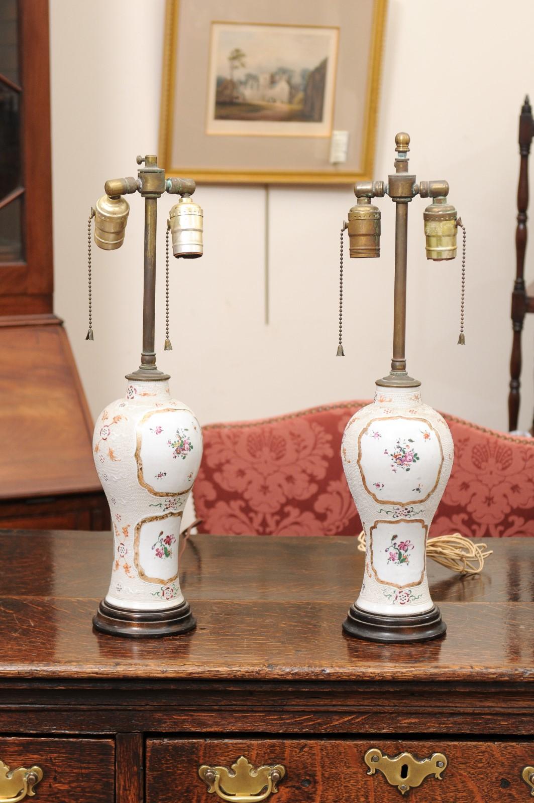Pair of 18th CChinese Export “Chicken Skin” Famille Rose Vases, wired as lamps In Good Condition In Atlanta, GA
