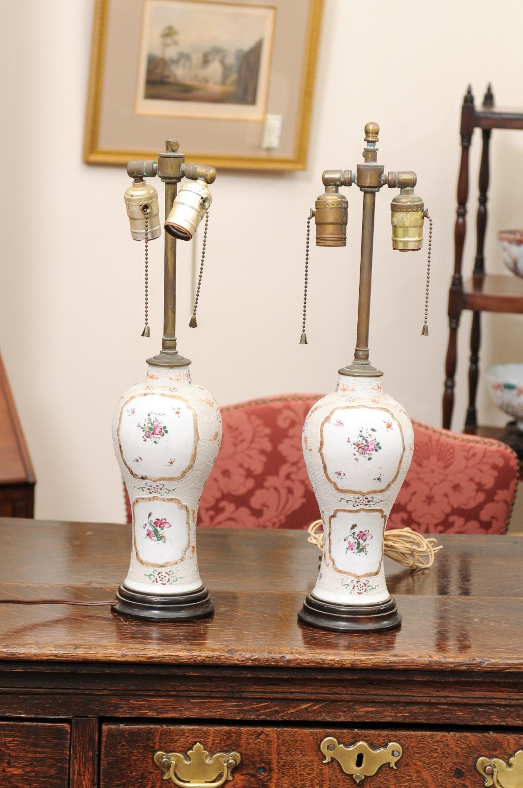 Pair of 18th CChinese Export “Chicken Skin” Famille Rose Vases, wired as lamps 1