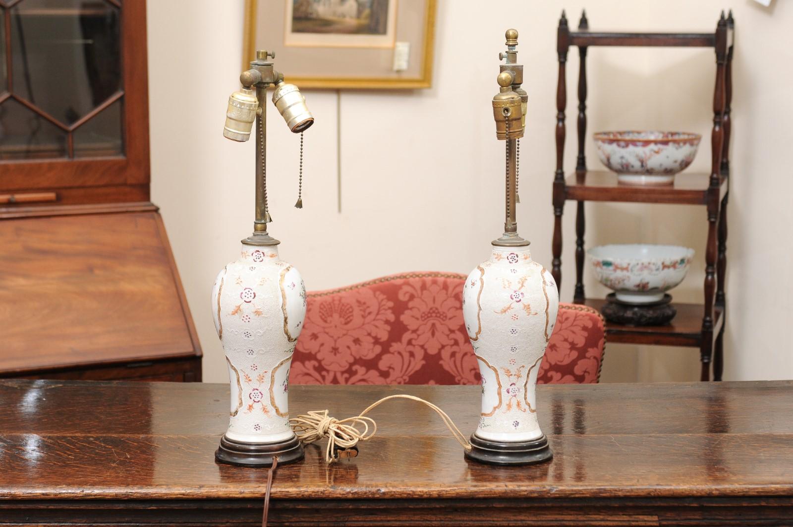 Pair of 18th CChinese Export “Chicken Skin” Famille Rose Vases, wired as lamps 3
