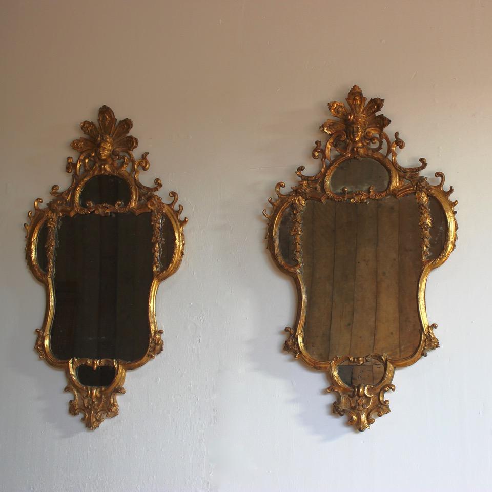 18th Century and Earlier Pair of 18th Century Italian Carved Giltwood Mirrors For Sale