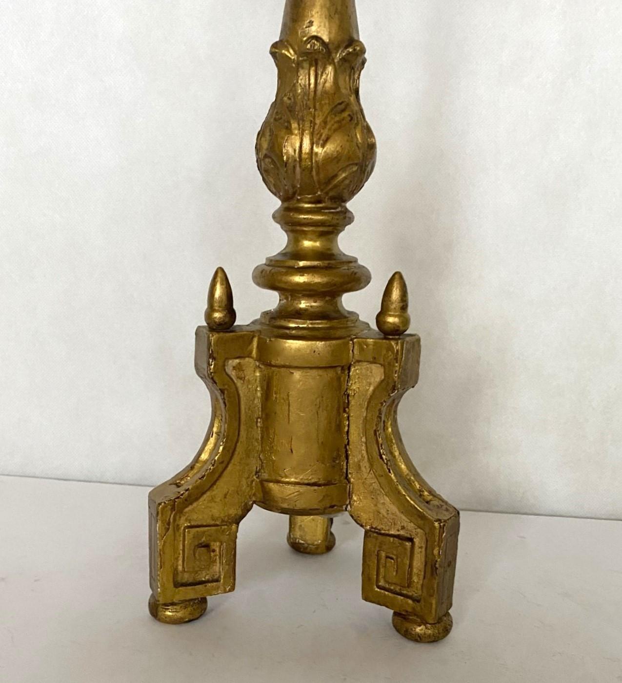 Pair of 18th Centurty Spanish Carved Gilt Wood Altar Candlesticks Table Lamps For Sale 2