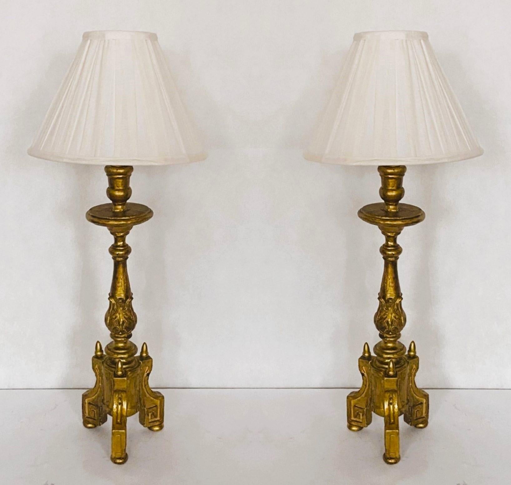 Baroque Pair of 18th Centurty Spanish Carved Gilt Wood Altar Candlesticks Table Lamps For Sale