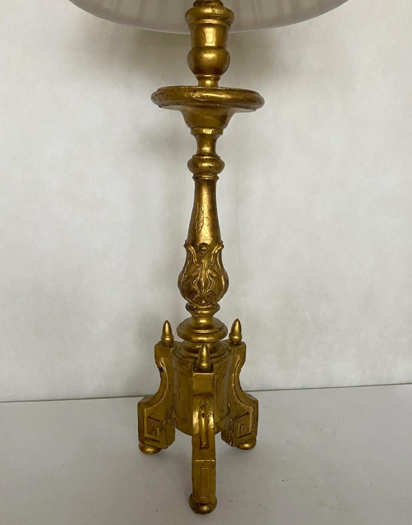 Giltwood Pair of 18th Centurty Spanish Carved Gilt Wood Altar Candlesticks Table Lamps For Sale