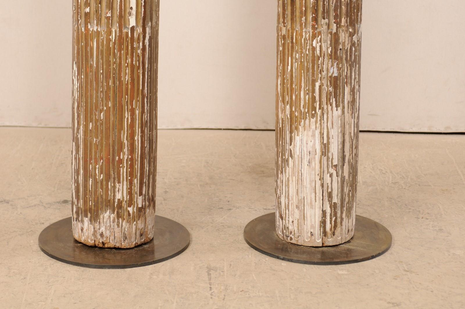 An 18th Century Pair of Italian 7 Ft Tall Fluted & Gilded Wood Columns on Bases 4