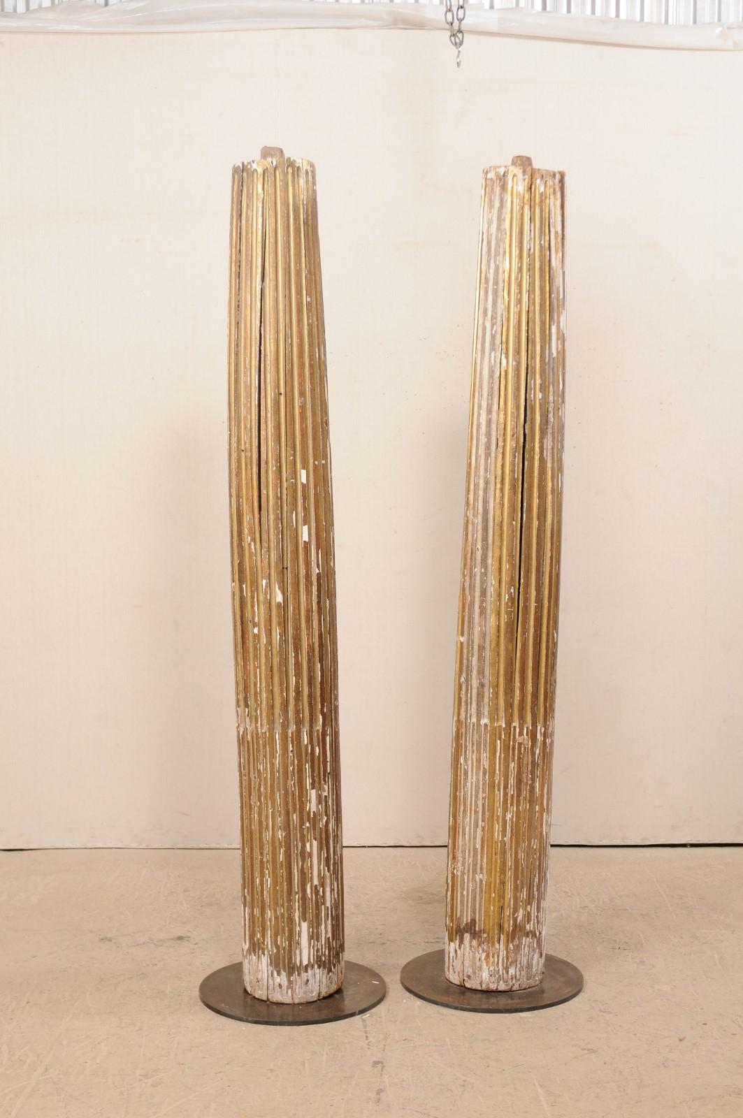 Carved An 18th Century Pair of Italian 7 Ft Tall Fluted & Gilded Wood Columns on Bases