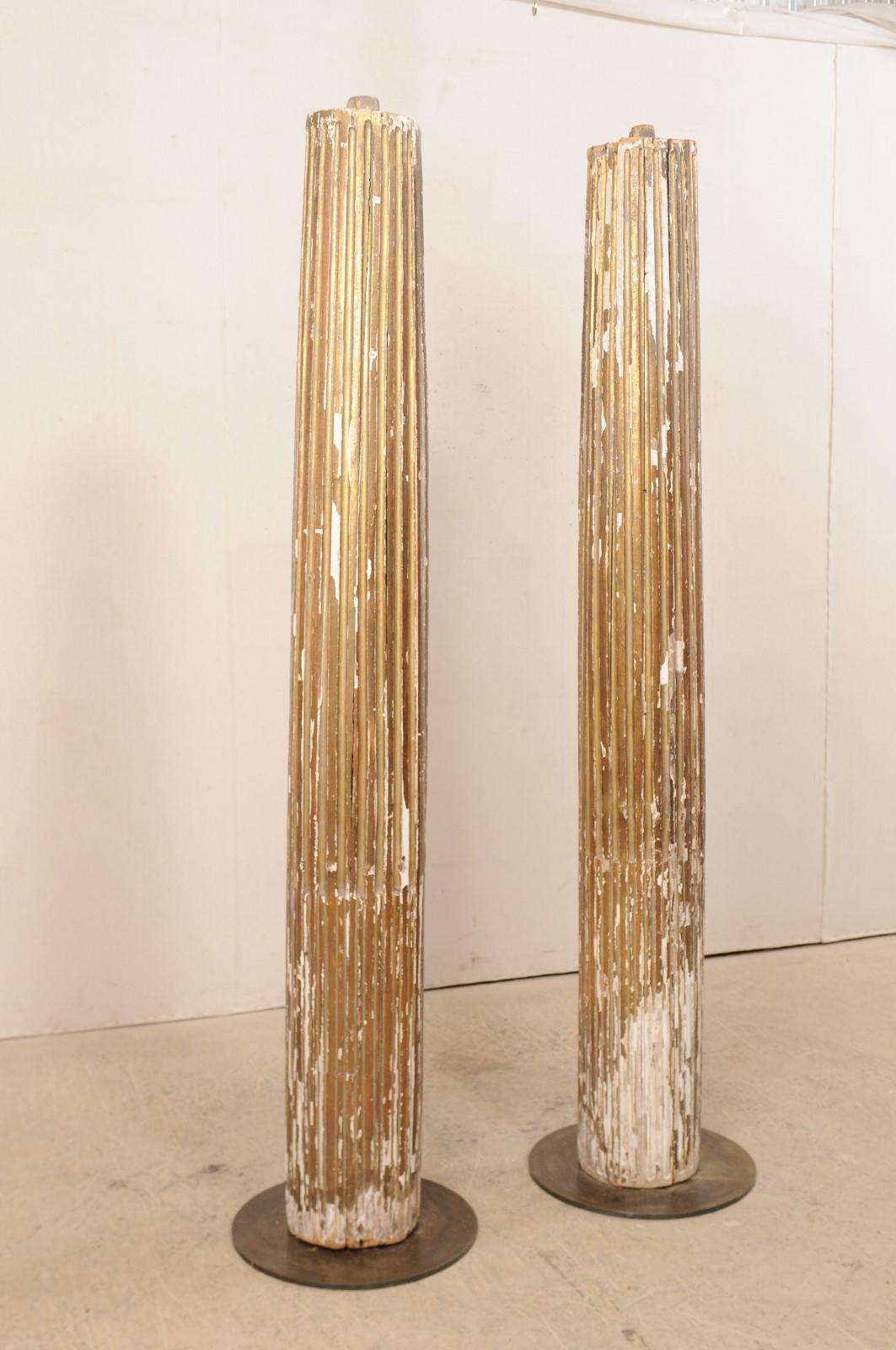 18th Century and Earlier An 18th Century Pair of Italian 7 Ft Tall Fluted & Gilded Wood Columns on Bases