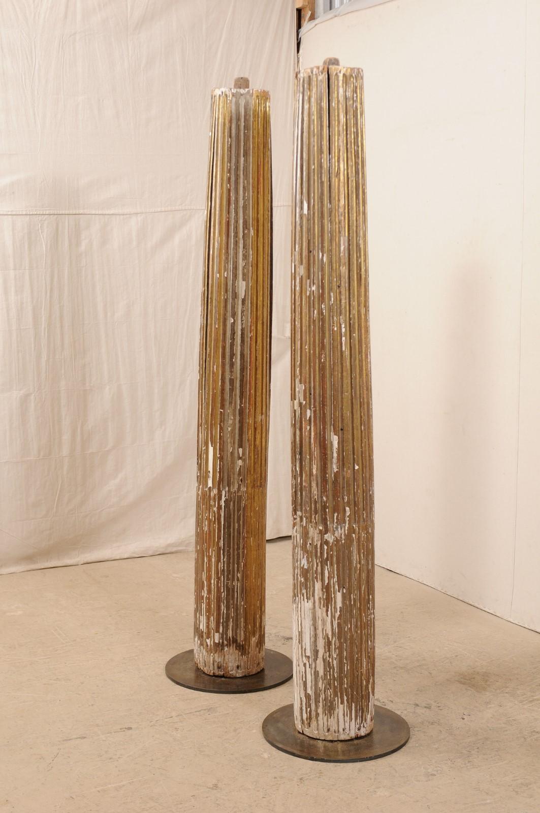 An 18th Century Pair of Italian 7 Ft Tall Fluted & Gilded Wood Columns on Bases 1