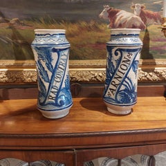 Pair of 18th Century Albarello Drug Jars in Maiolica