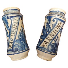 Antique Pair of 18th Century Albarello Drug Jars in Maiolica