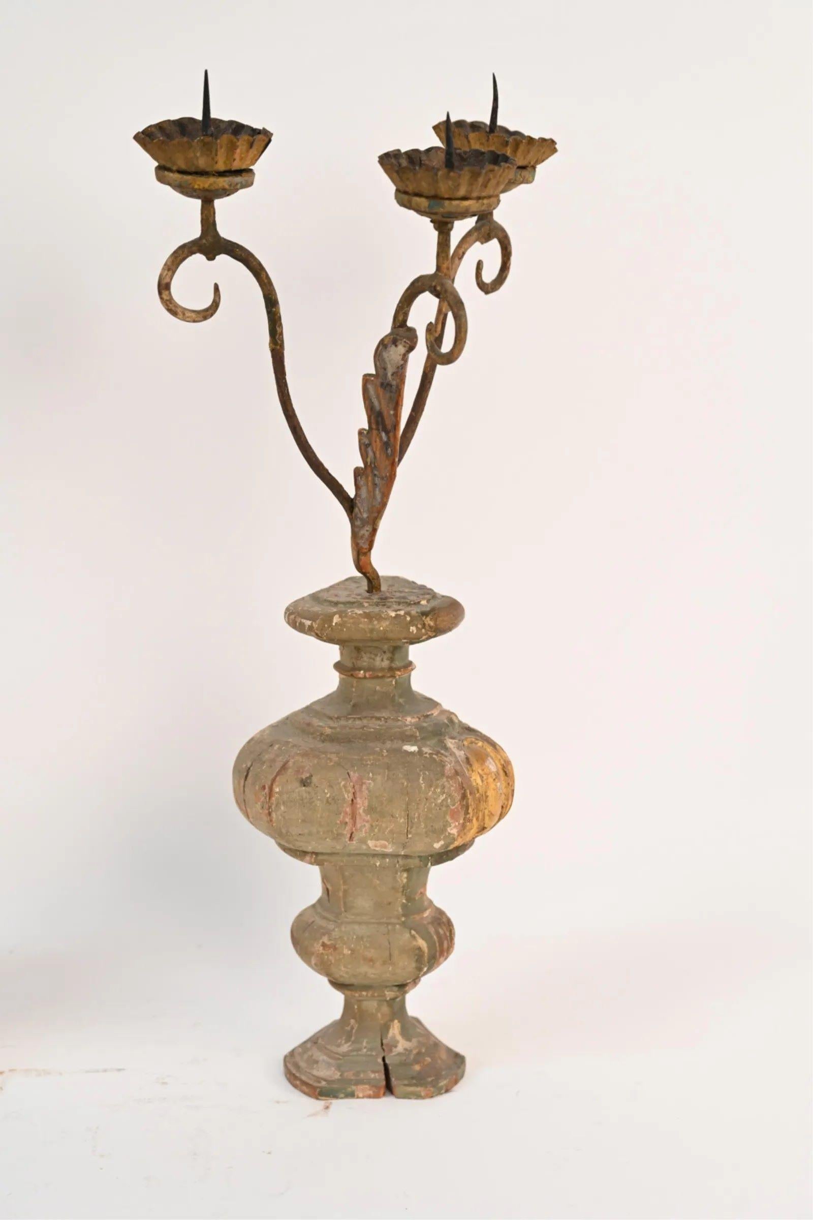 Pair of 18th Century Altar Candelabra, Italian In Distressed Condition In Doylestown, PA