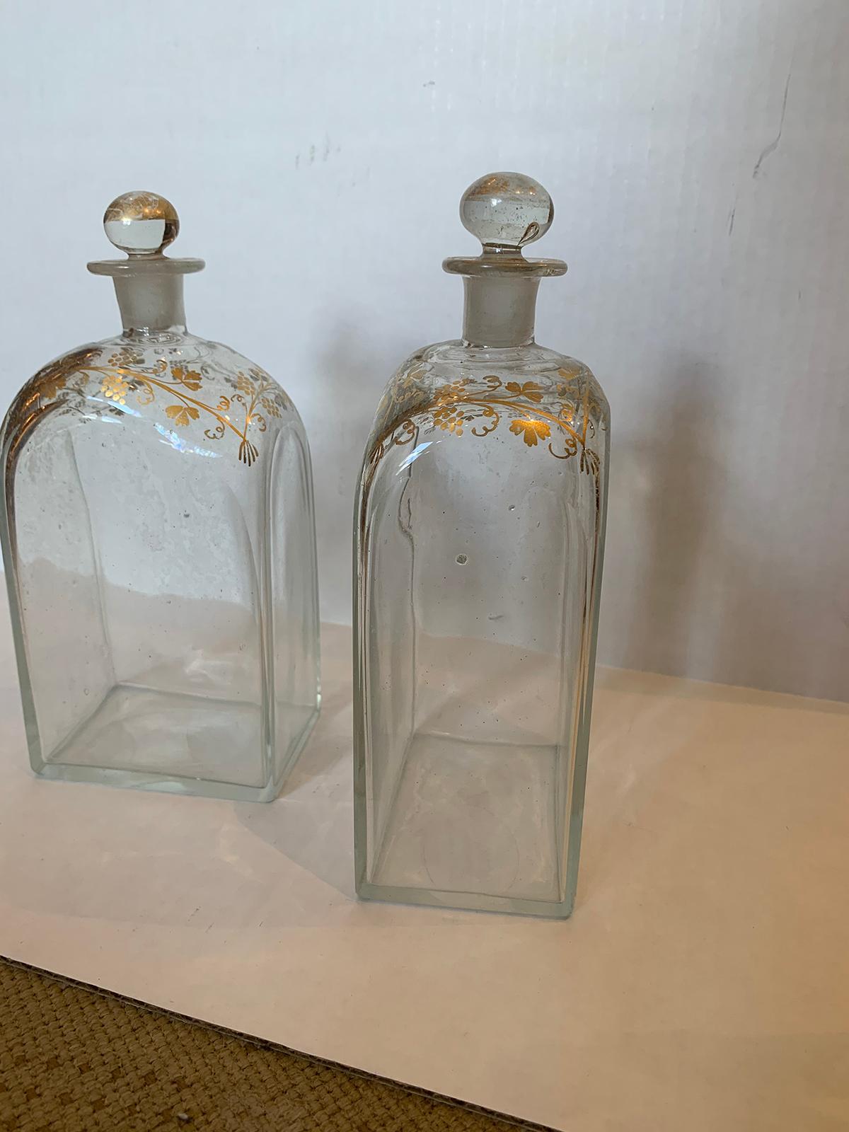 18th Century and Earlier Pair of 18th Century American Glass Decanters with Gilt Details