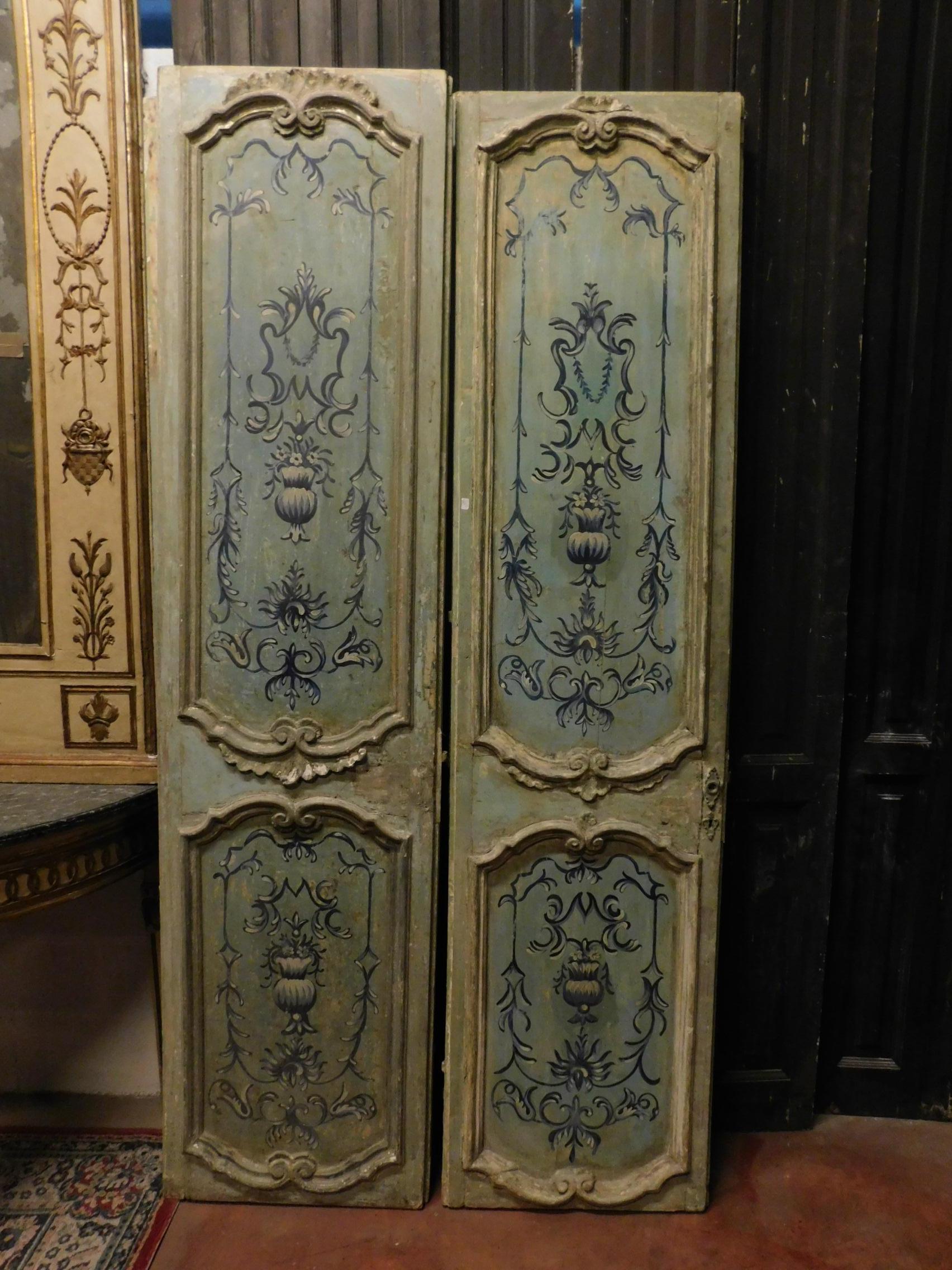 Pair of 18th century antique double doors lacquered light blue, back-painted as front, come Naples in Italy, soft and very romantic pastel colors, restored doors with original details like manigle and hinges, they are perfect to liven up a Classic