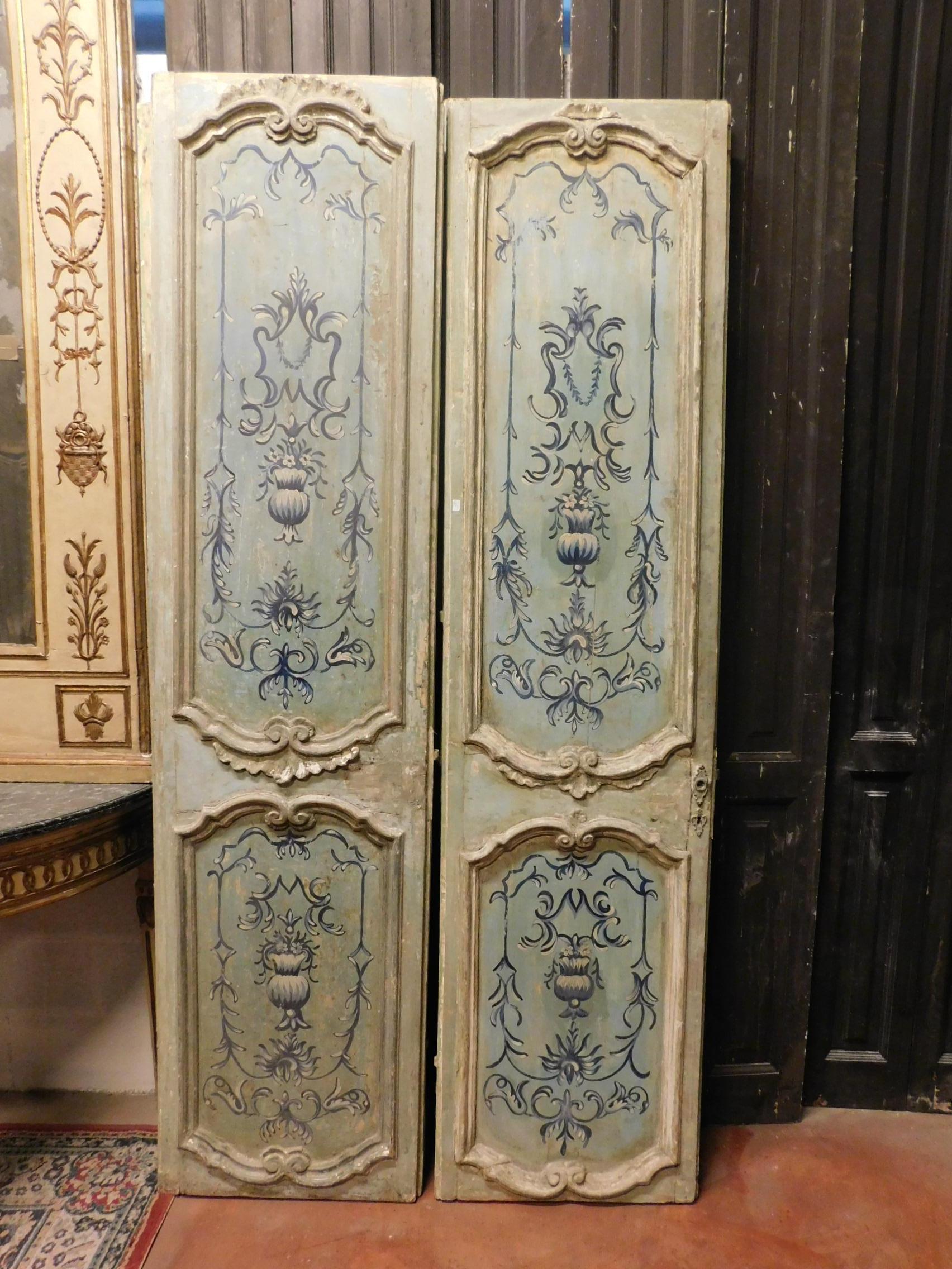 Italian Pair of 18th Century Antiques Double Wood Doors Lacquered Light Blue '4 Doors' For Sale