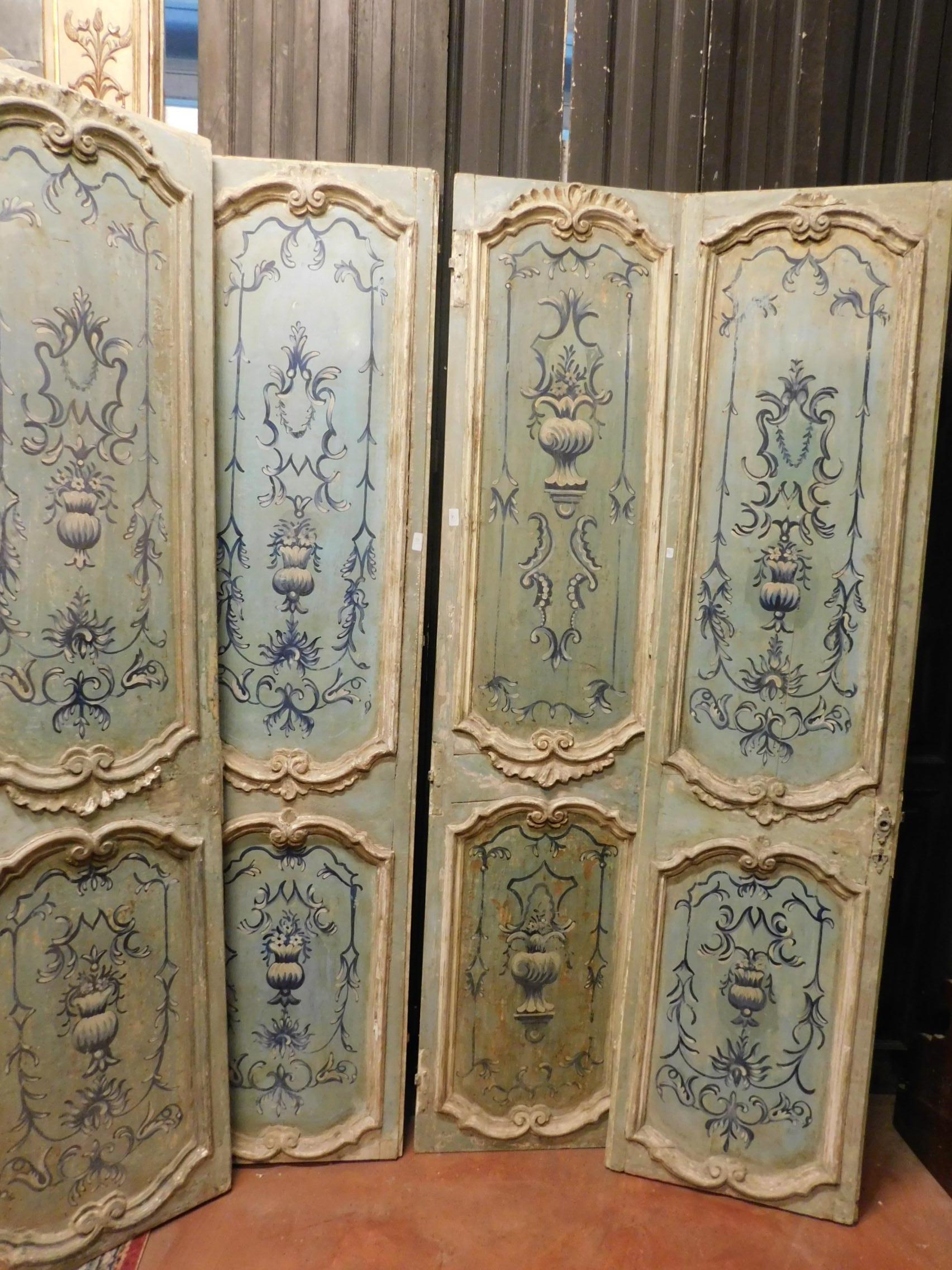 Pair of 18th Century Antiques Double Wood Doors Lacquered Light Blue '4 Doors' In Good Condition For Sale In Cuneo, Italy (CN)