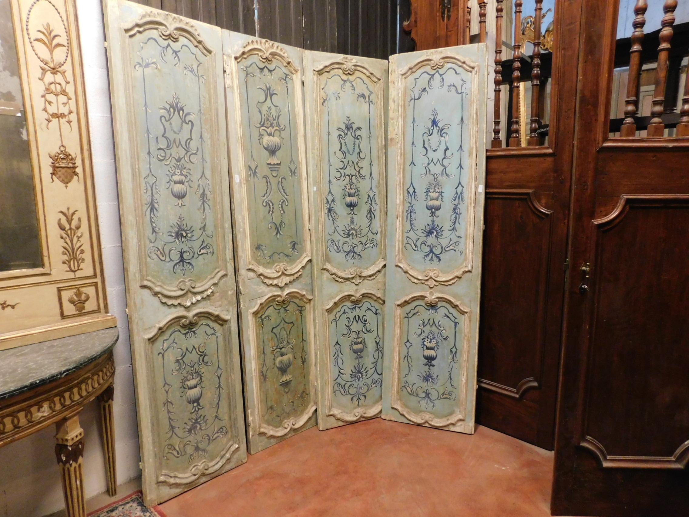 Pair of 18th Century Antiques Double Wood Doors Lacquered Light Blue '4 Doors' For Sale 1