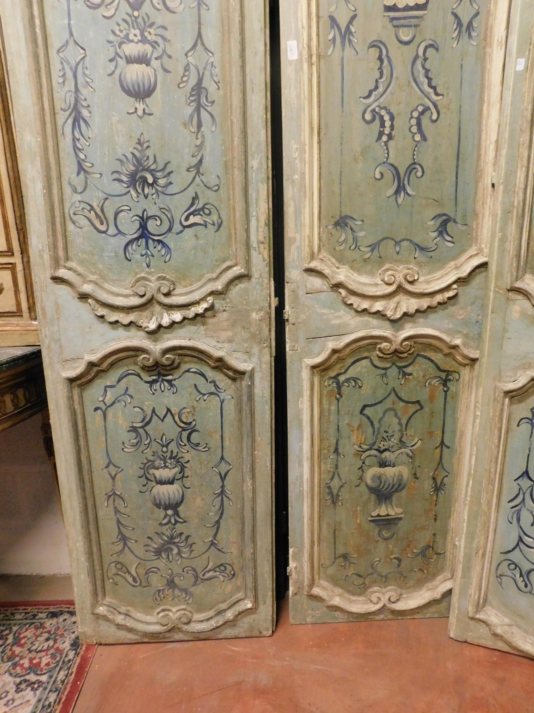 Pair of 18th Century Antiques Double Wood Doors Lacquered Light Blue '4 Doors' For Sale 3