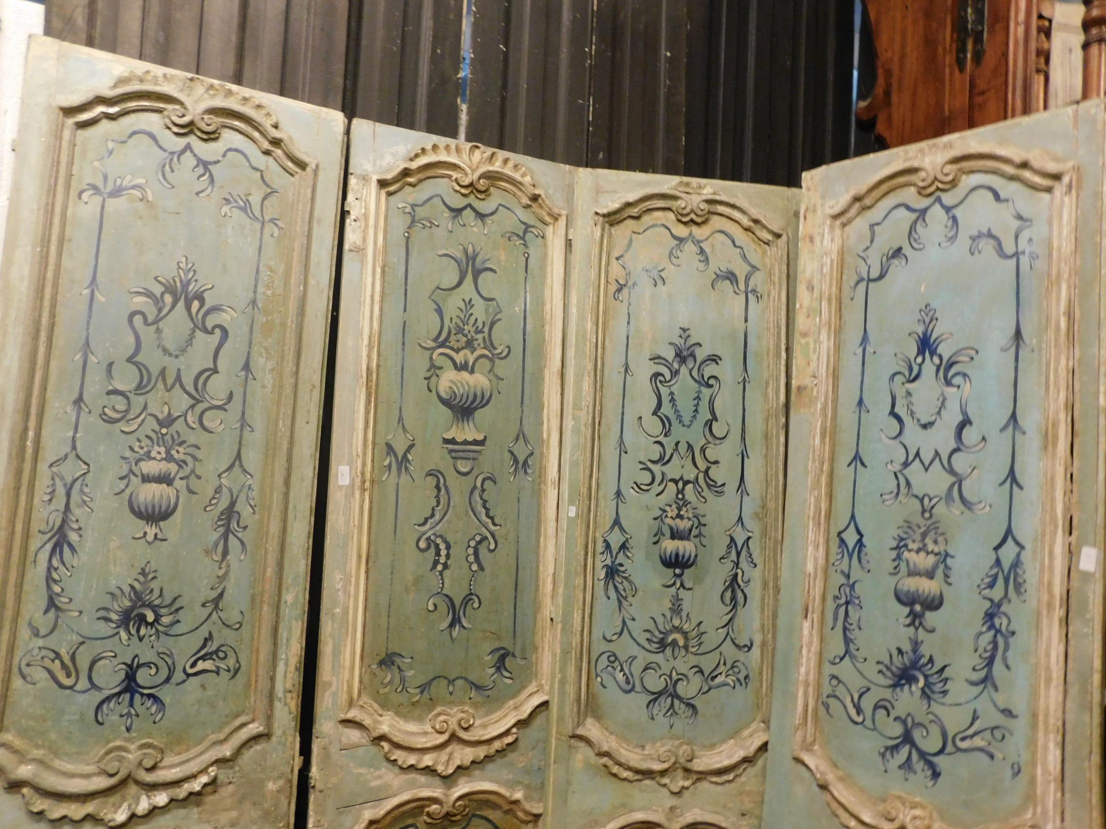 Pair of 18th Century Antiques Double Wood Doors Lacquered Light Blue '4 Doors' For Sale 4