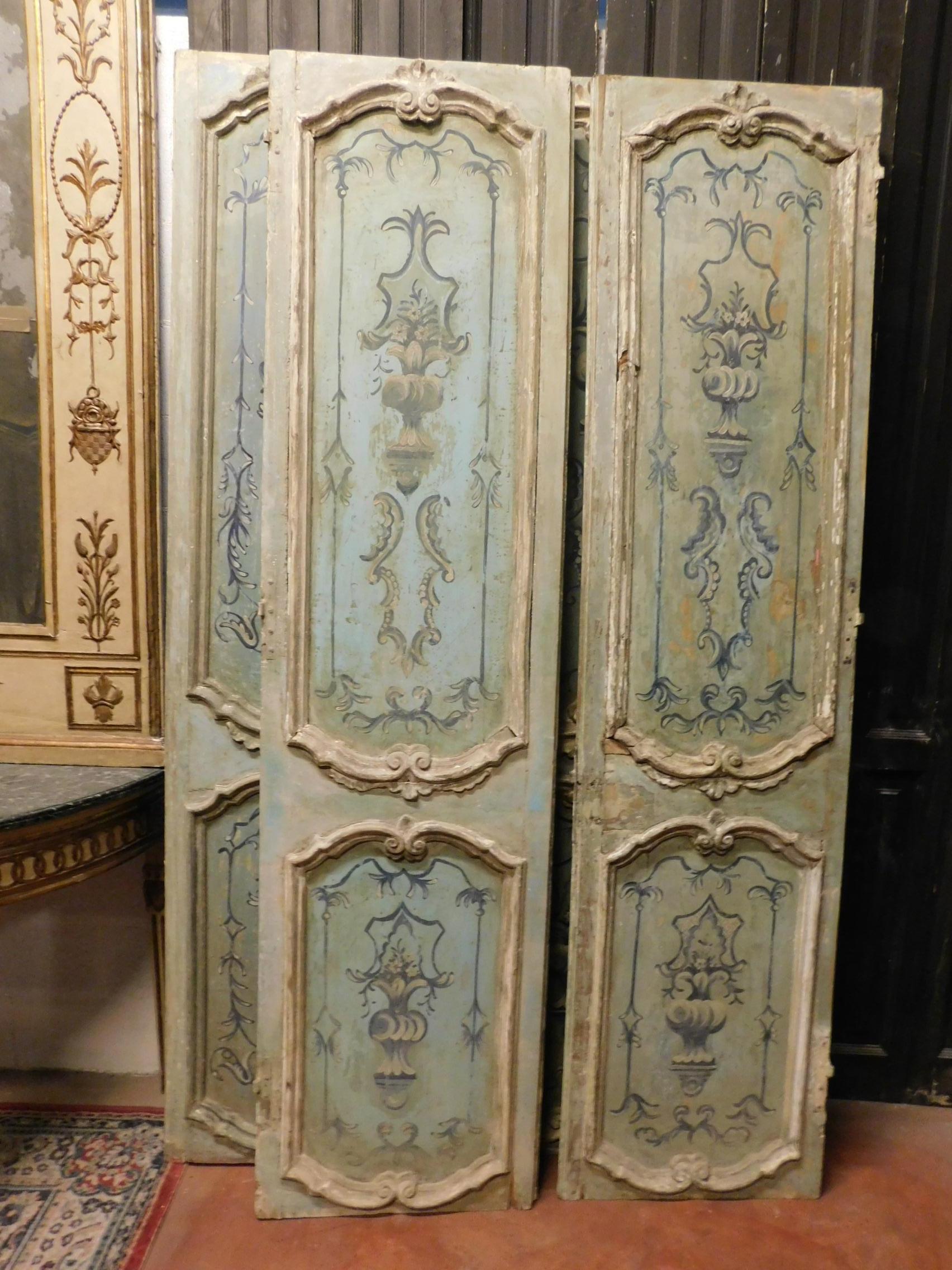 Pair of 18th Century Antiques Double Wood Doors Lacquered Light Blue '4 Doors' For Sale 5