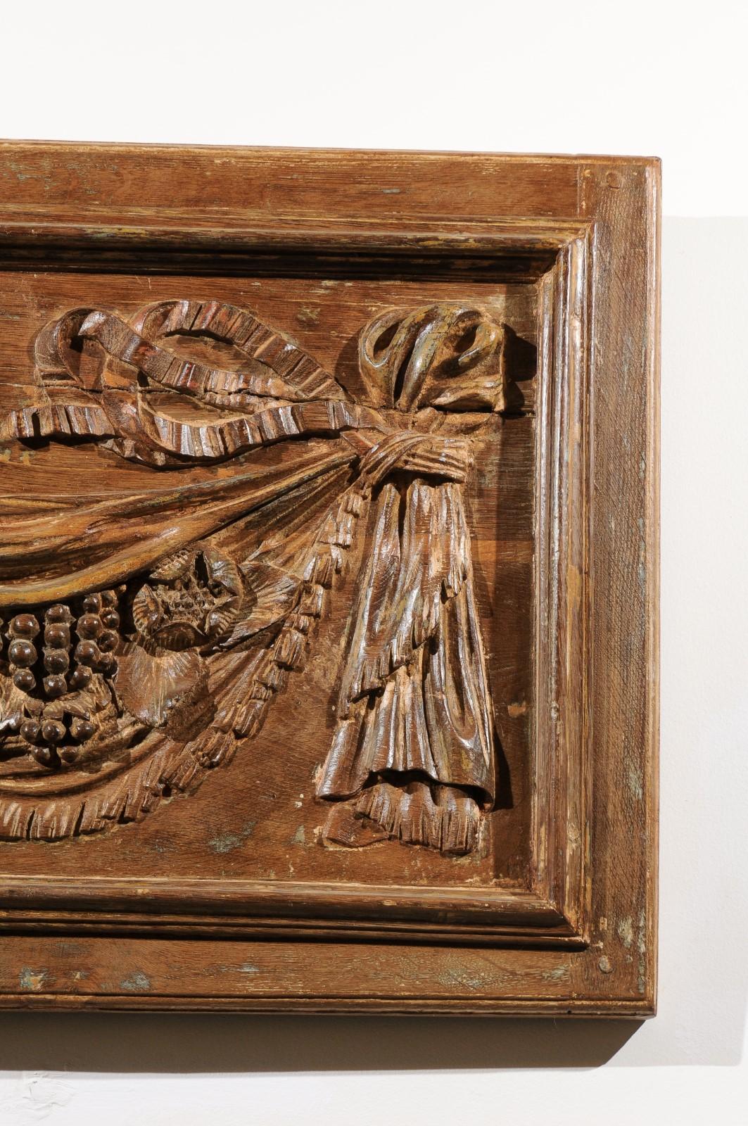 Hand-Carved Pair of 18th Century Architectural Panels with Swags Hand Carved in Low-Relief For Sale