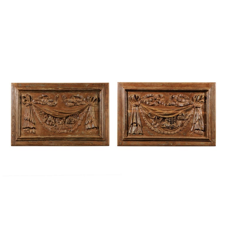 Pair of 18th Century Architectural Panels with Swags Hand Carved in Low