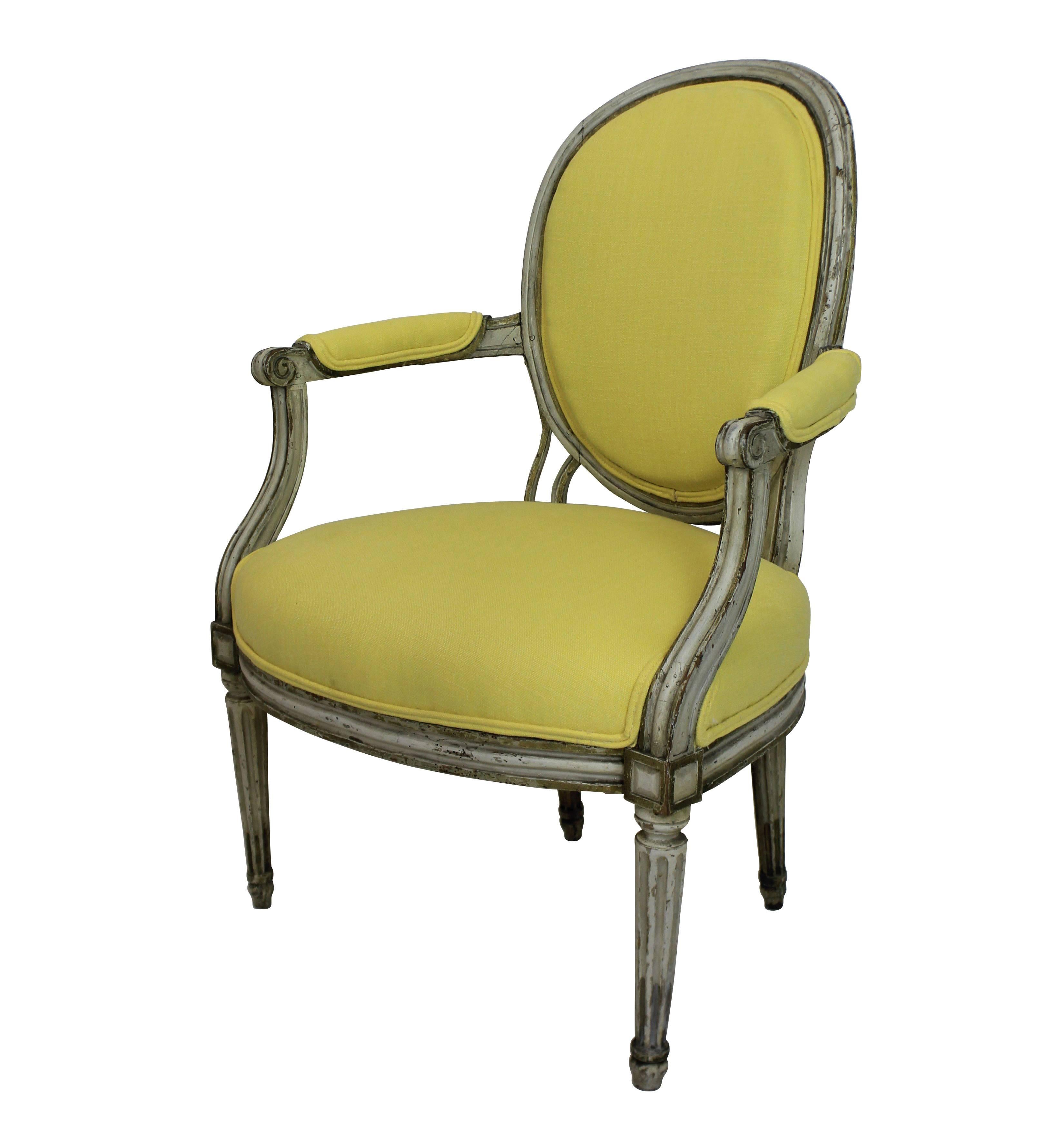 French Pair of 18th Century Armchairs in Lemon Linen