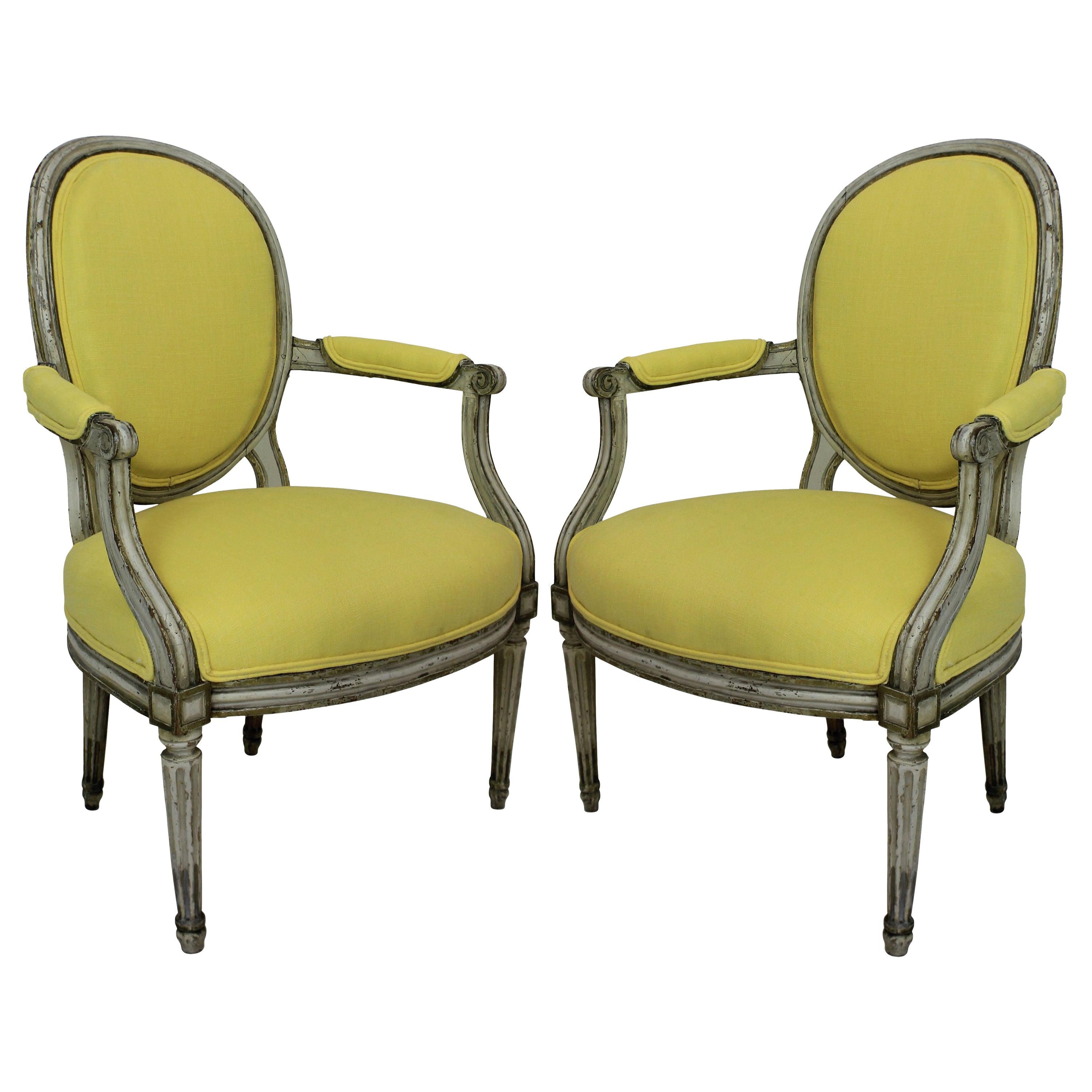Pair of 18th Century Armchairs In Lemon Linen
