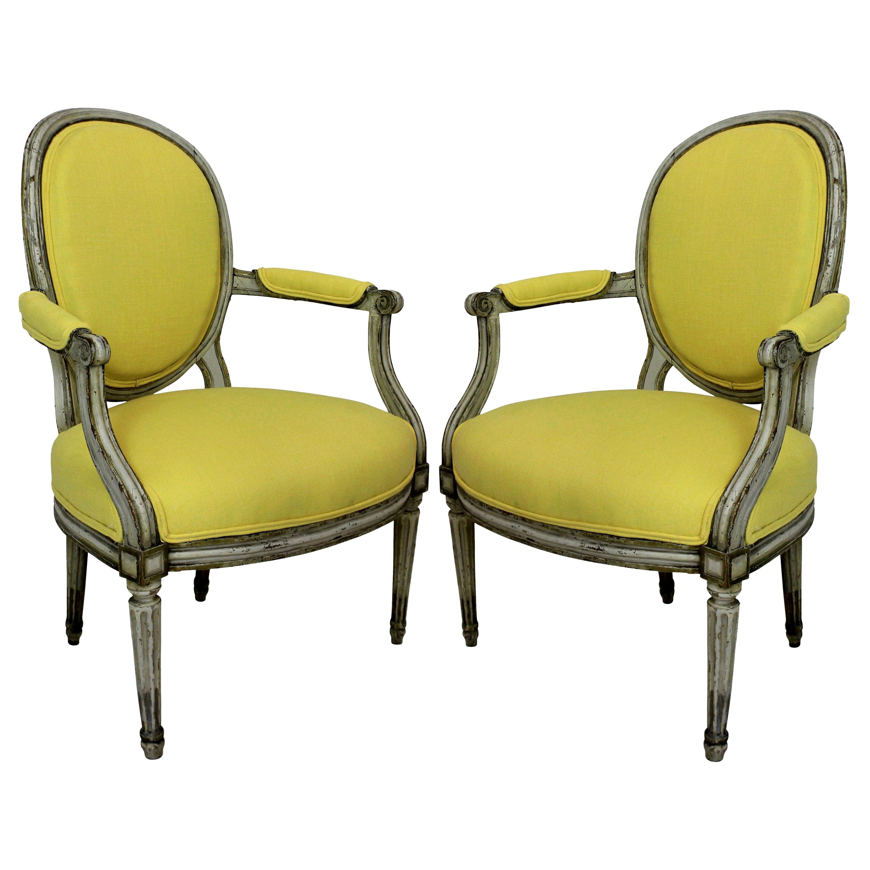 Pair of 18th Century Armchairs in Lemon Linen