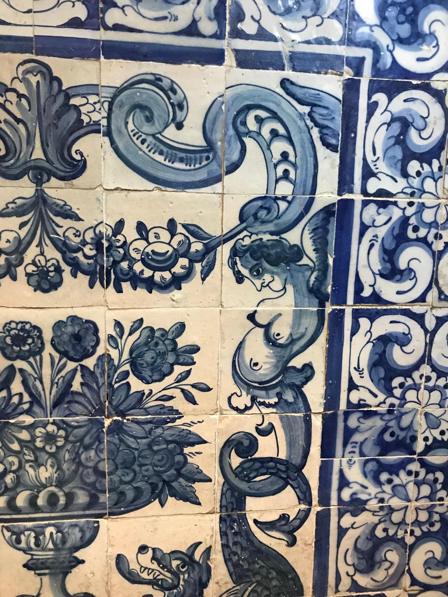 Portuguese Pair of 18th Century Azulejos Flower Murals in Blue For Sale