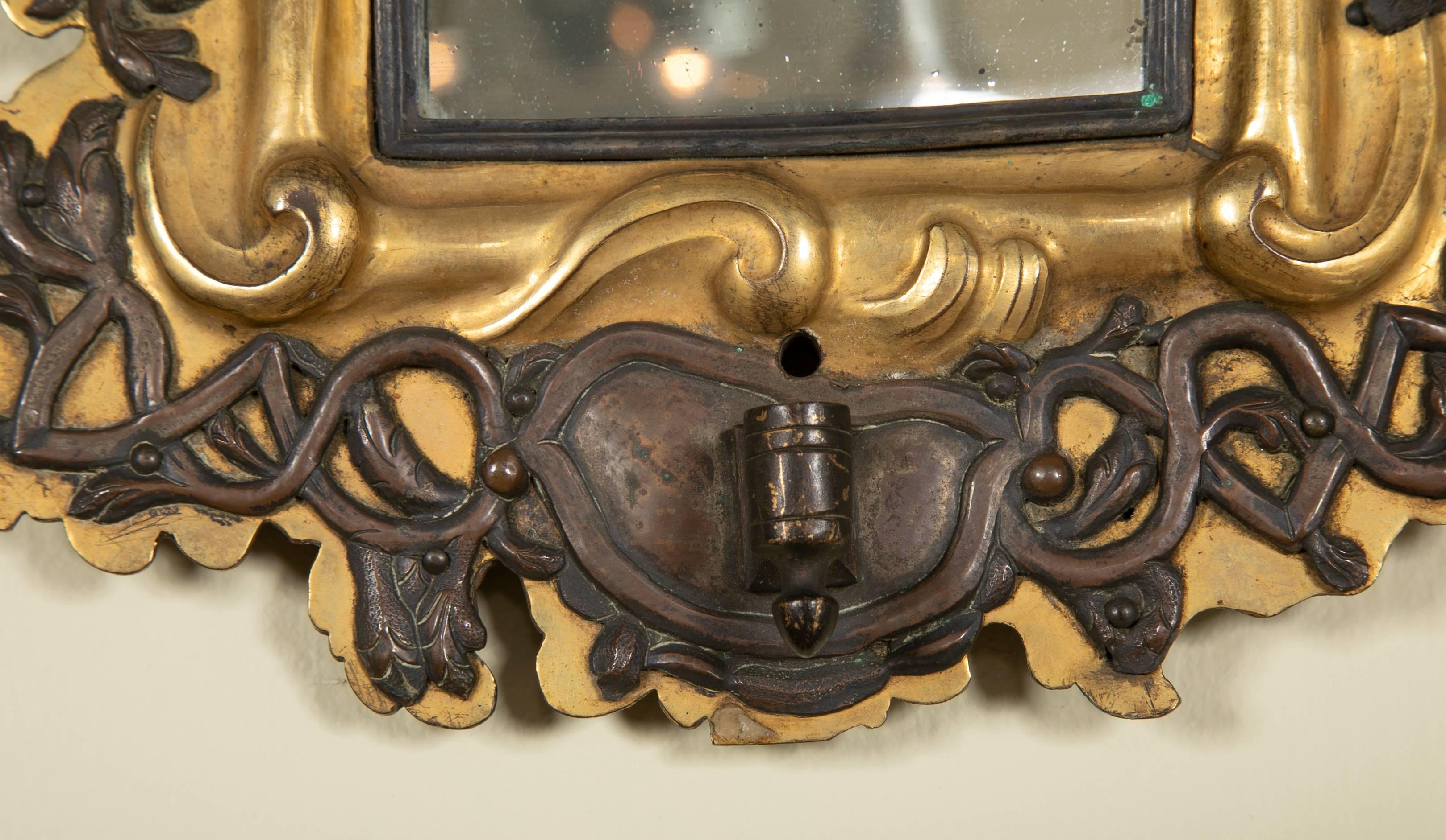 Baroque Pair of 18th Century Baltic Gilt Brass and Silver Mirror Sconces For Sale