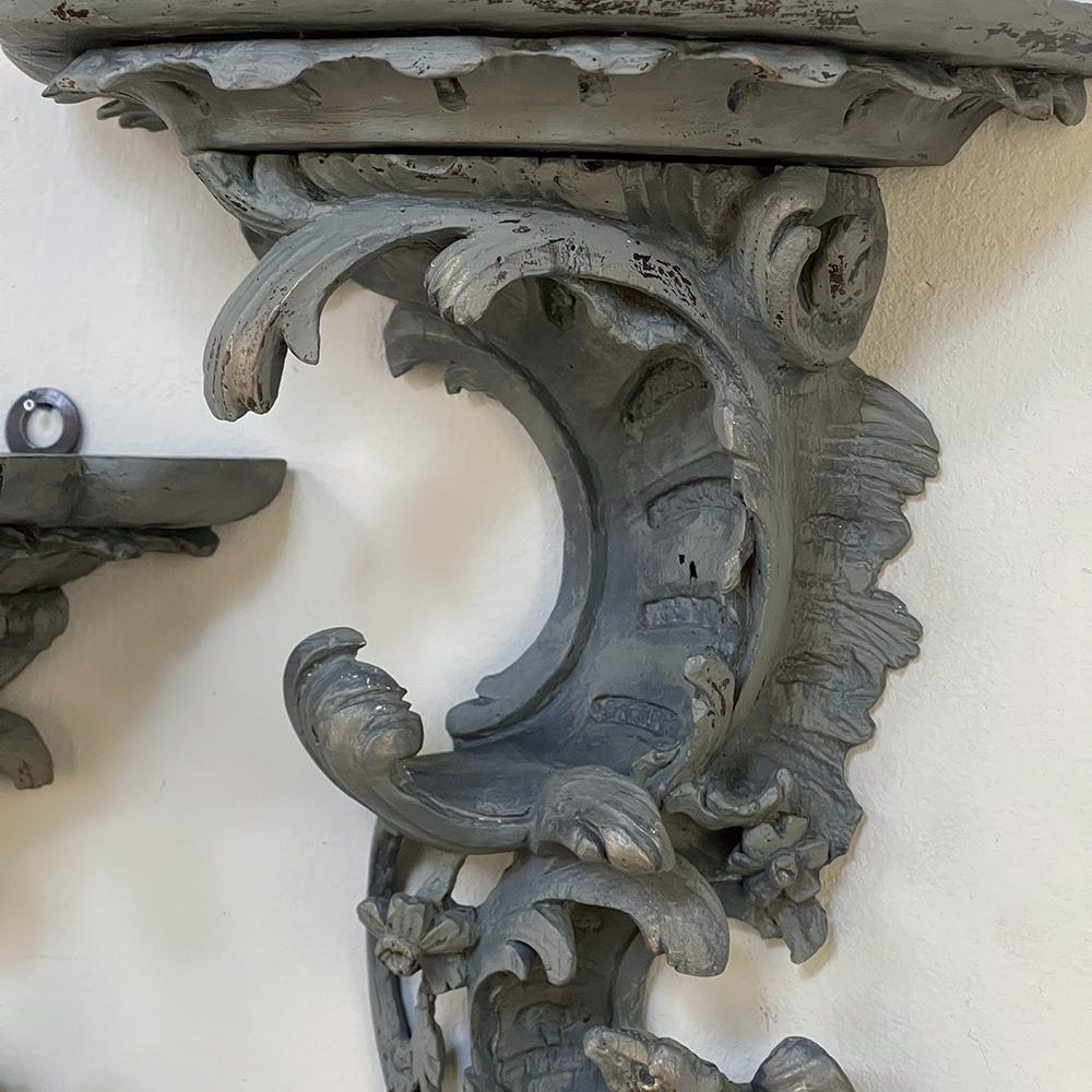 Hardwood Pair of 18th Century Baroque Grey Painted Dragon Wall Shelves For Sale