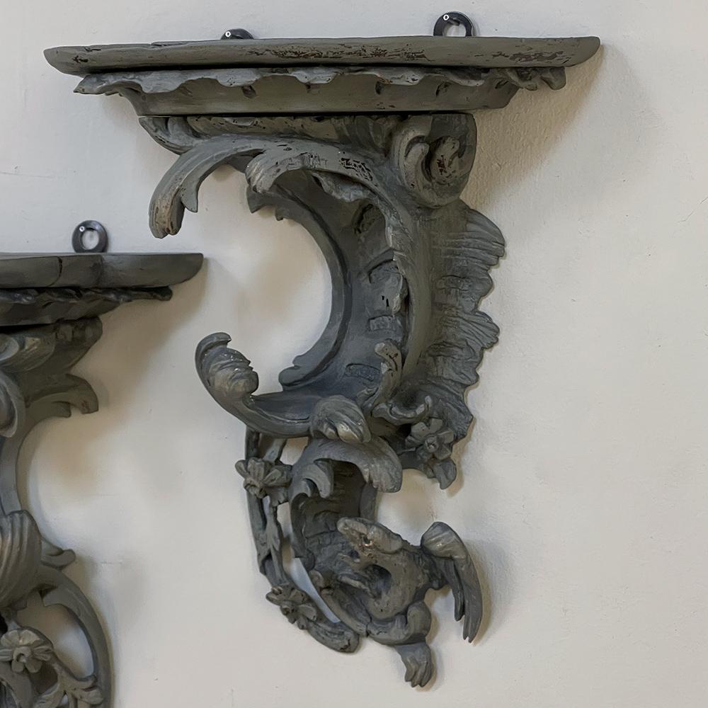 French Pair of 18th Century Baroque Grey Painted Dragon Wall Shelves For Sale