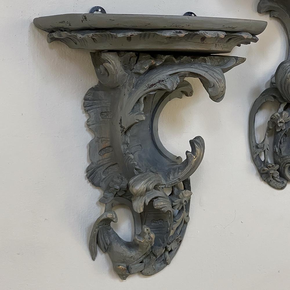 Mid-18th Century Pair of 18th Century Baroque Grey Painted Dragon Wall Shelves For Sale