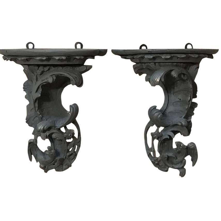 Pair of 18th Century Baroque Grey Painted Dragon Wall Shelves