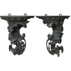 Antique Pair of 18th Century Baroque Grey Painted Dragon Wall Shelves