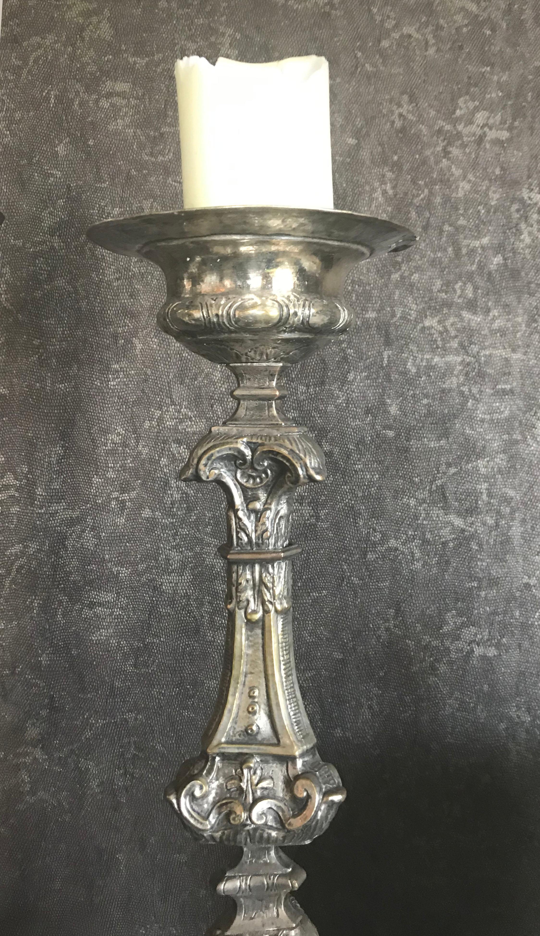 Italian Pair of 18th Century Baroque Silvered Brass Candle Prickets