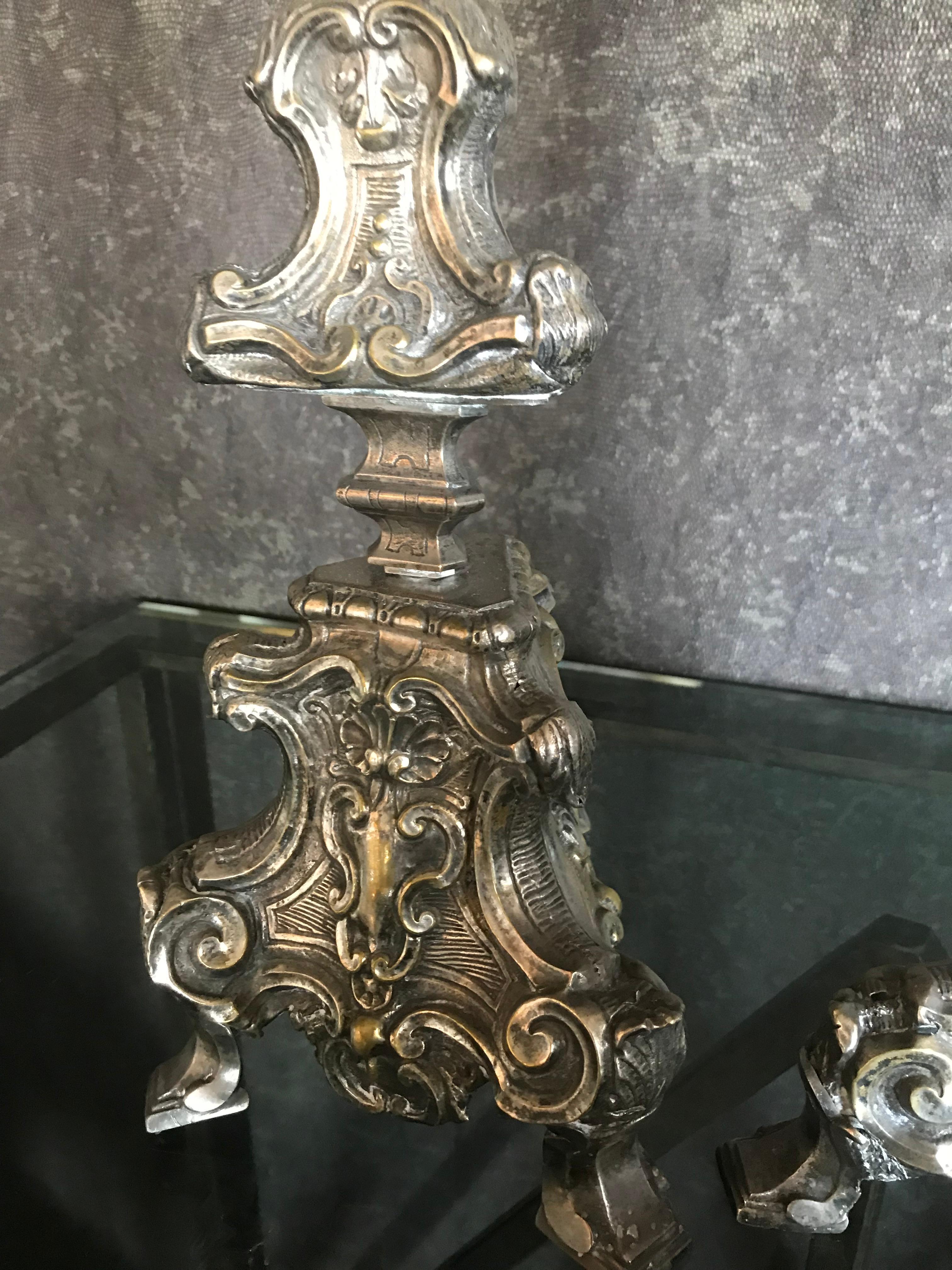 Pair of 18th Century Baroque Silvered Brass Candle Prickets In Good Condition In Larkspur, CA
