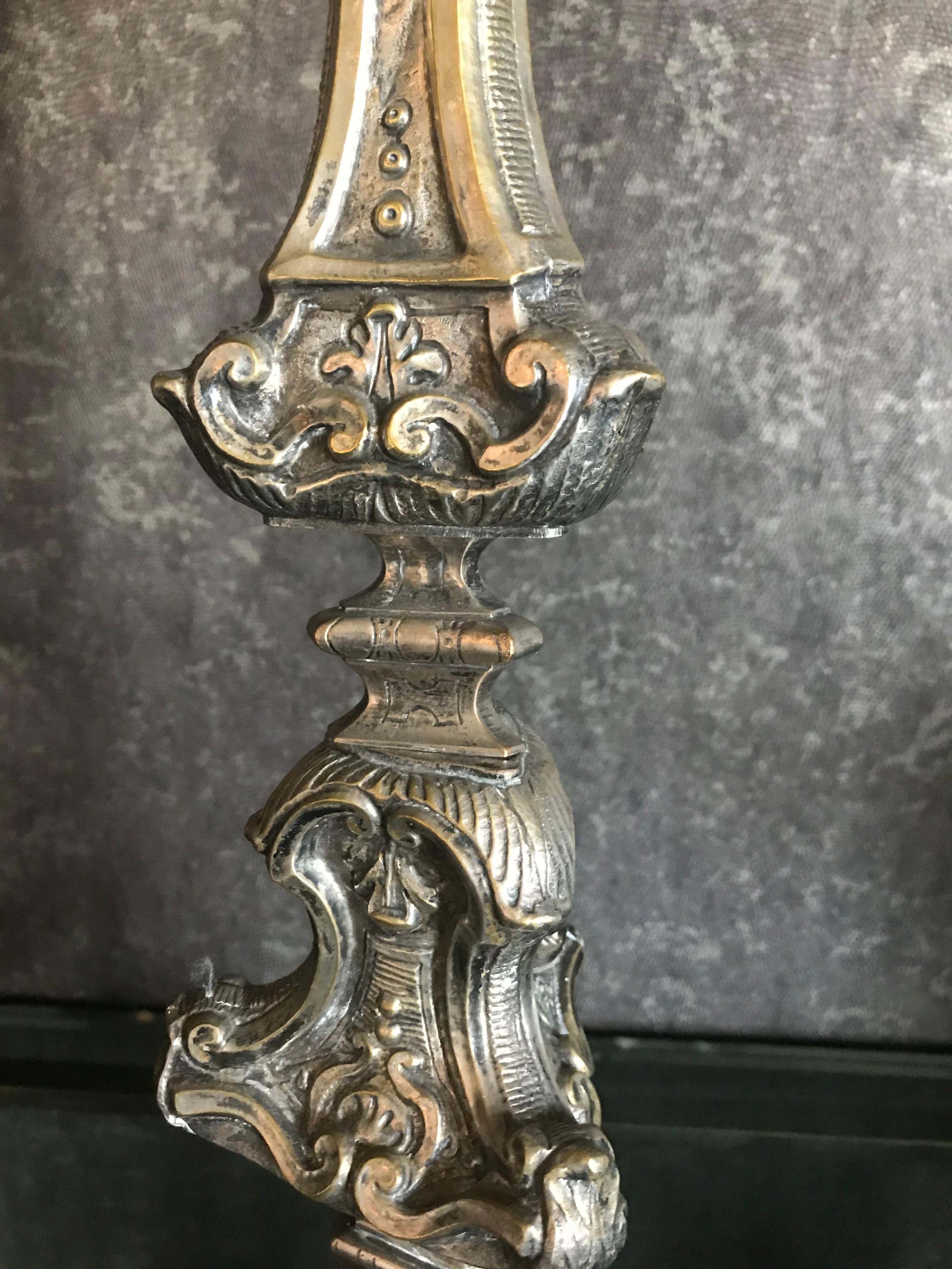 Pair of 18th Century Baroque Silvered Brass Candle Prickets 1