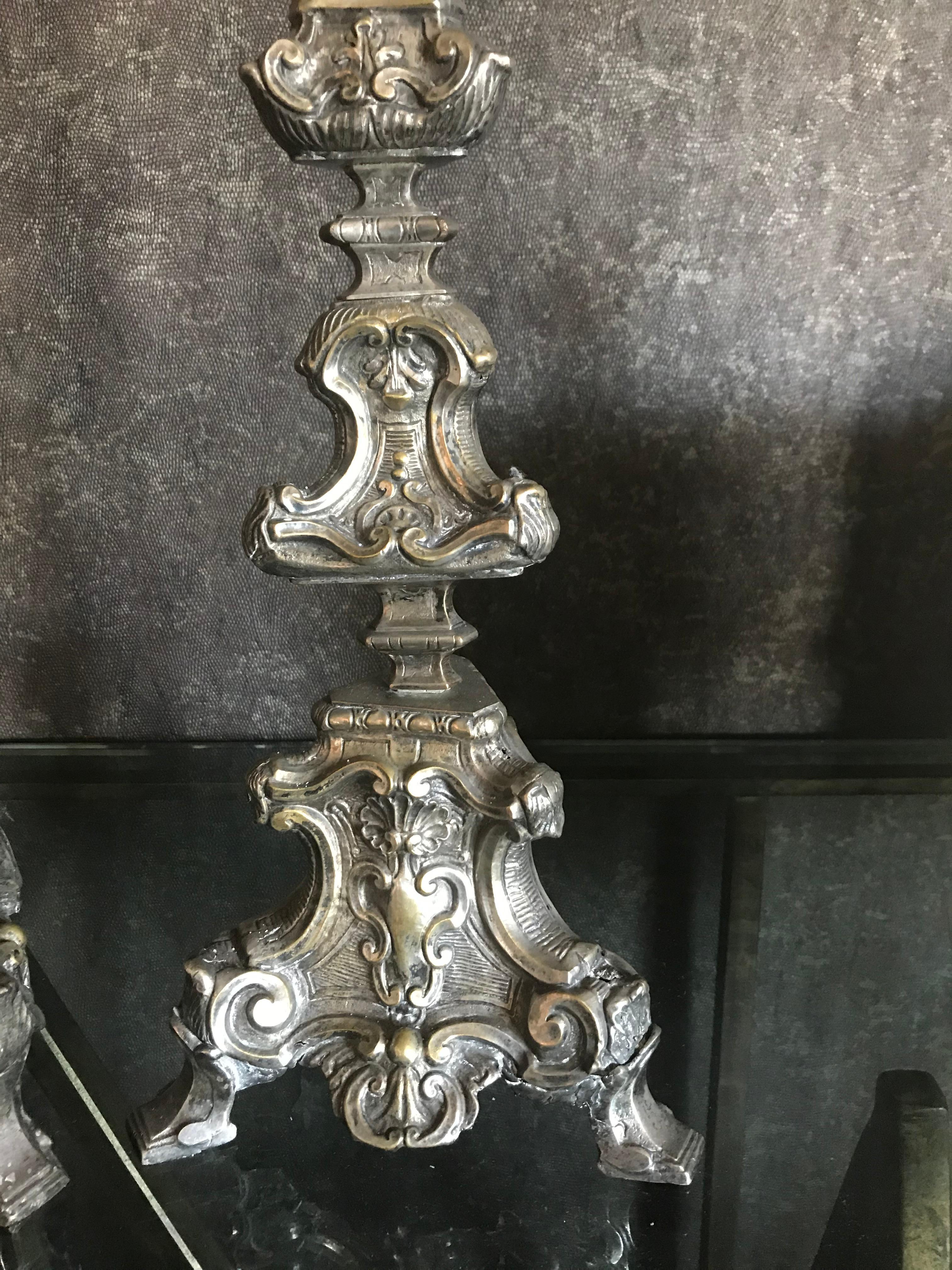 Pair of 18th Century Baroque Silvered Brass Candle Prickets 2