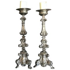 Pair of 18th Century Baroque Silvered Brass Candle Prickets
