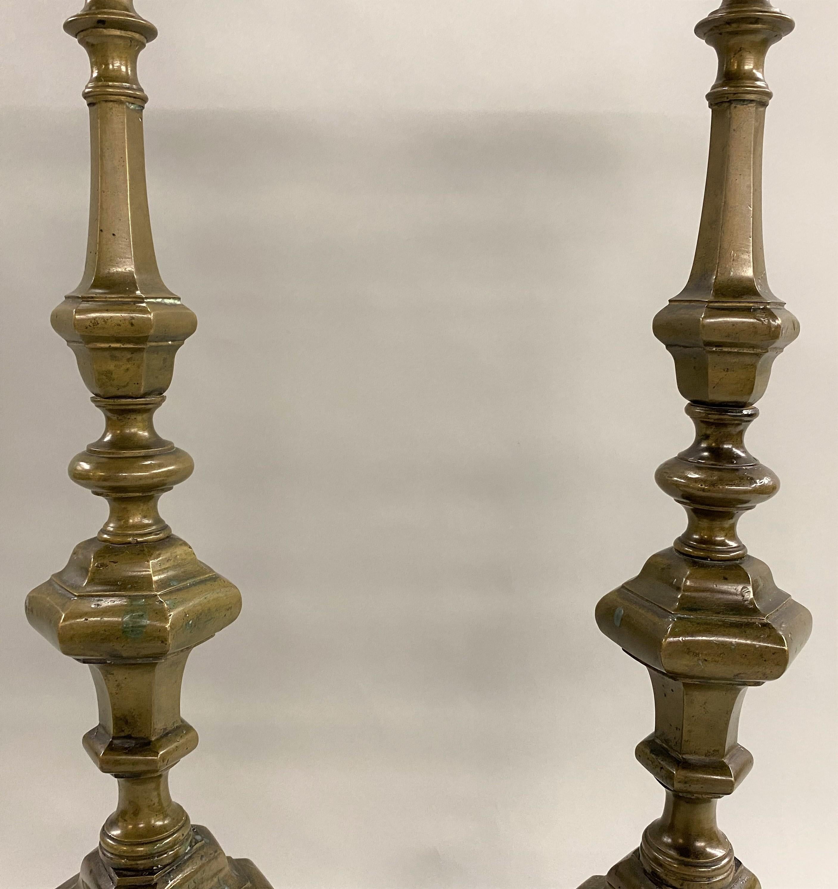 European Pair of 18th Century Baroque Style Patinated Bronze Candlesticks For Sale