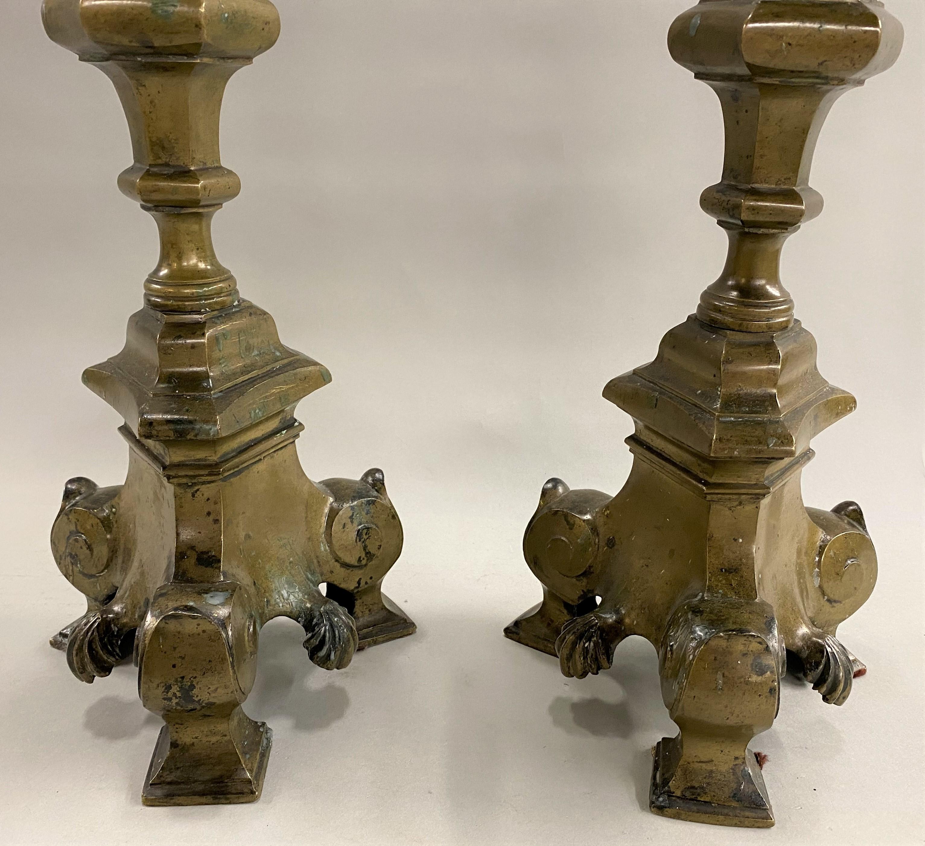 Cast Pair of 18th Century Baroque Style Patinated Bronze Candlesticks For Sale