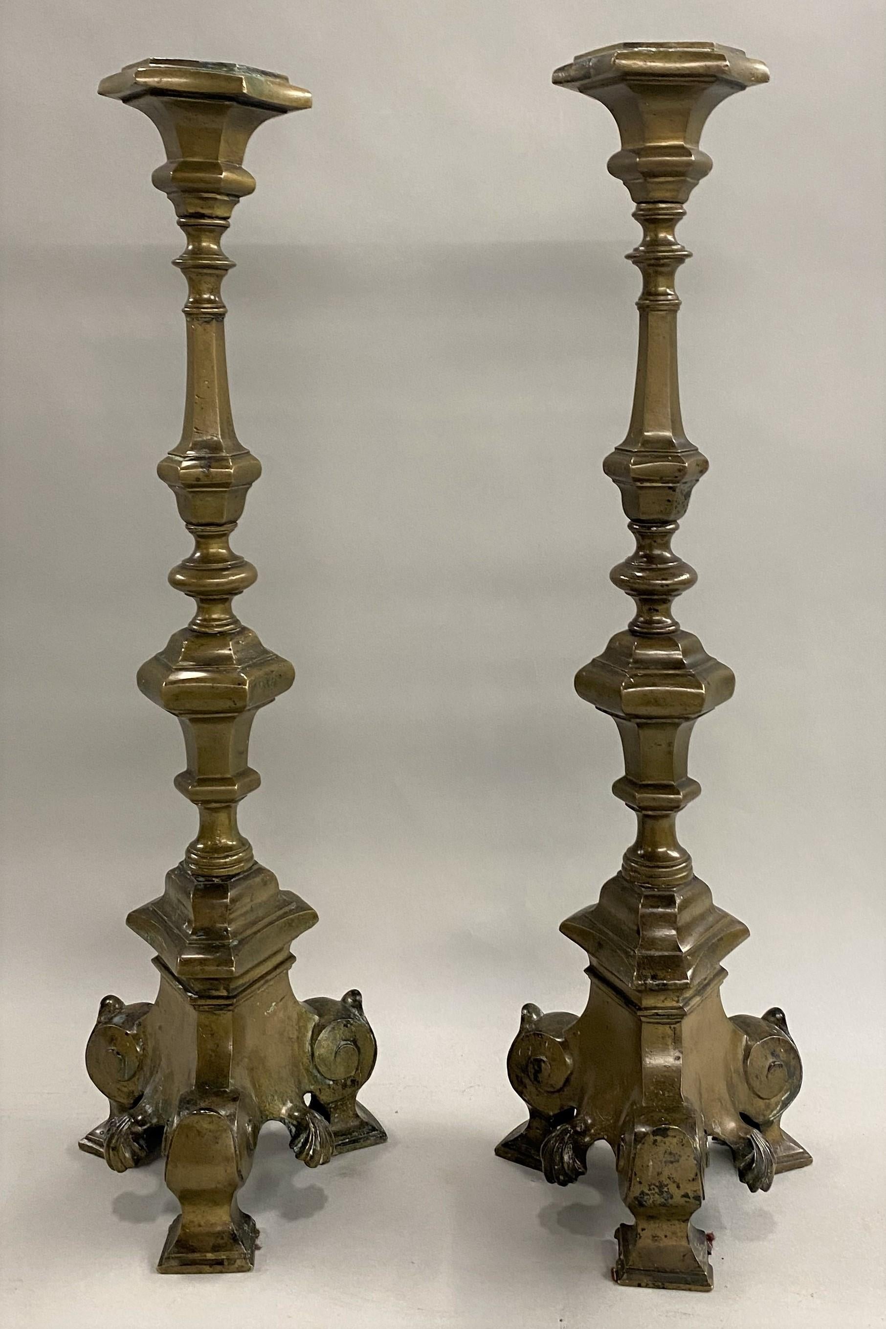 Pair of 18th Century Baroque Style Patinated Bronze Candlesticks In Good Condition For Sale In Milford, NH