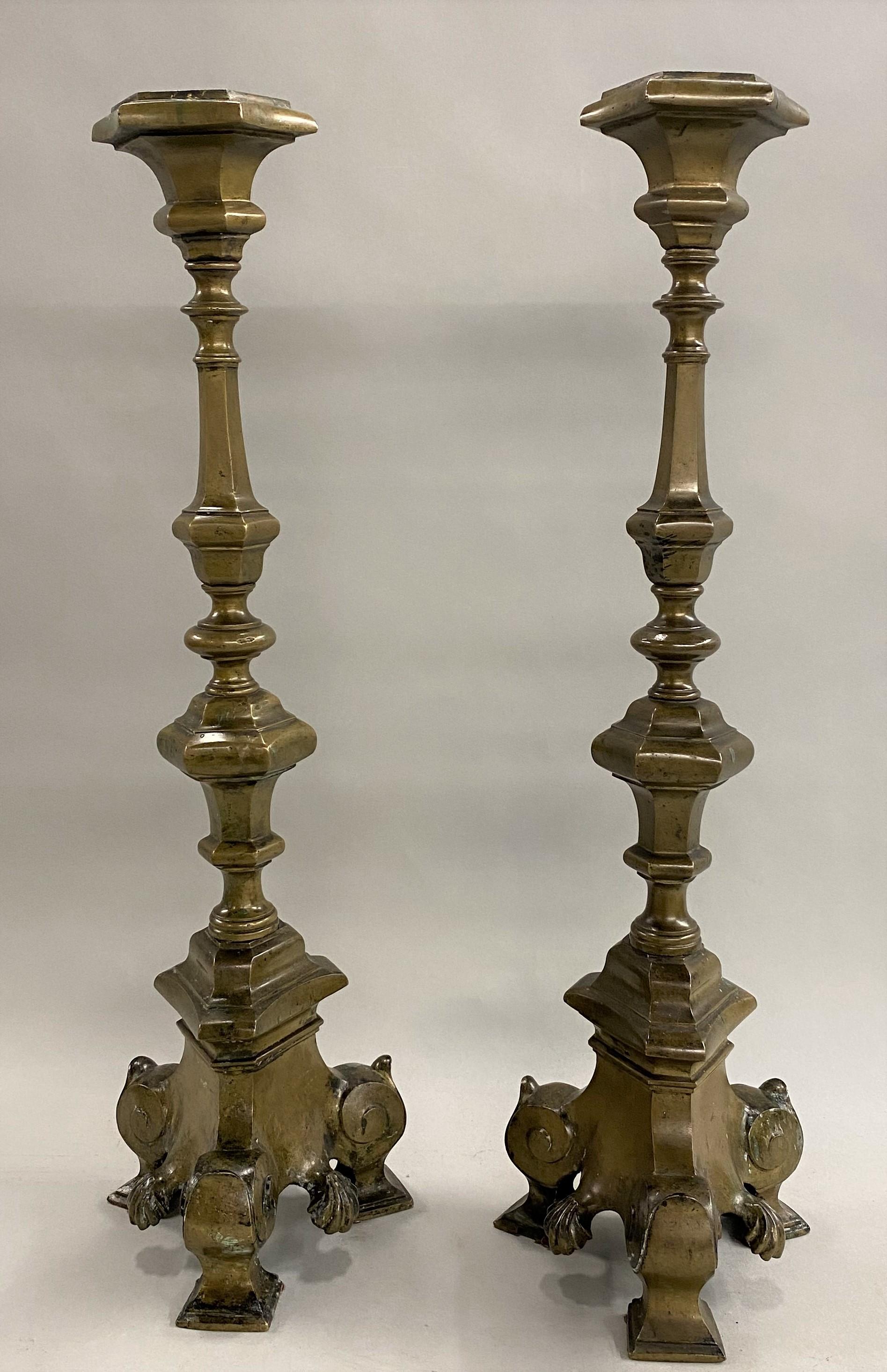 18th Century and Earlier Pair of 18th Century Baroque Style Patinated Bronze Candlesticks For Sale