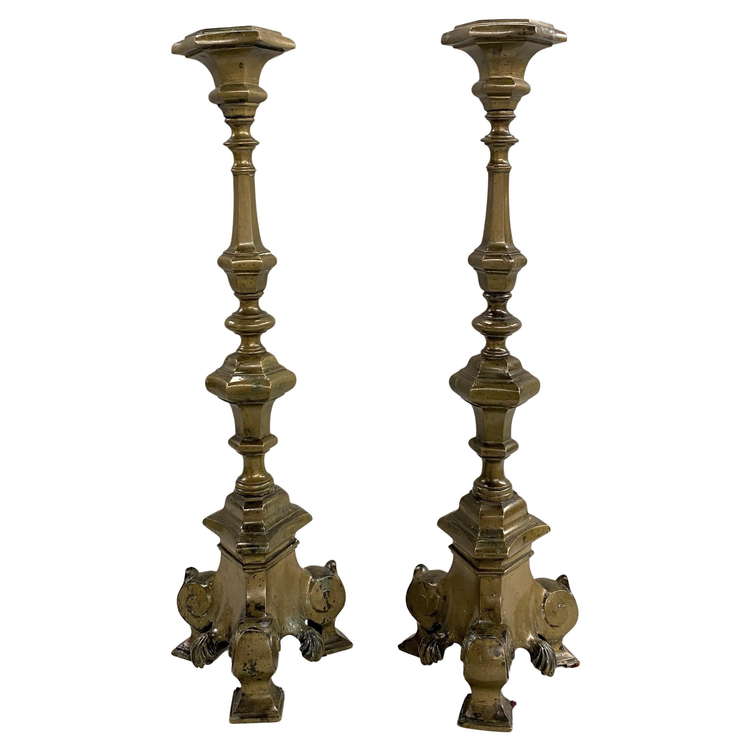 Pair of 18th Century Baroque Style Patinated Bronze Candlesticks For Sale