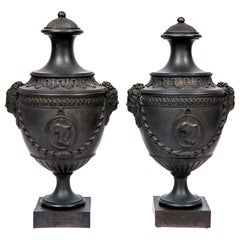 Pair of 18th Century Black Basalt Covered Urns