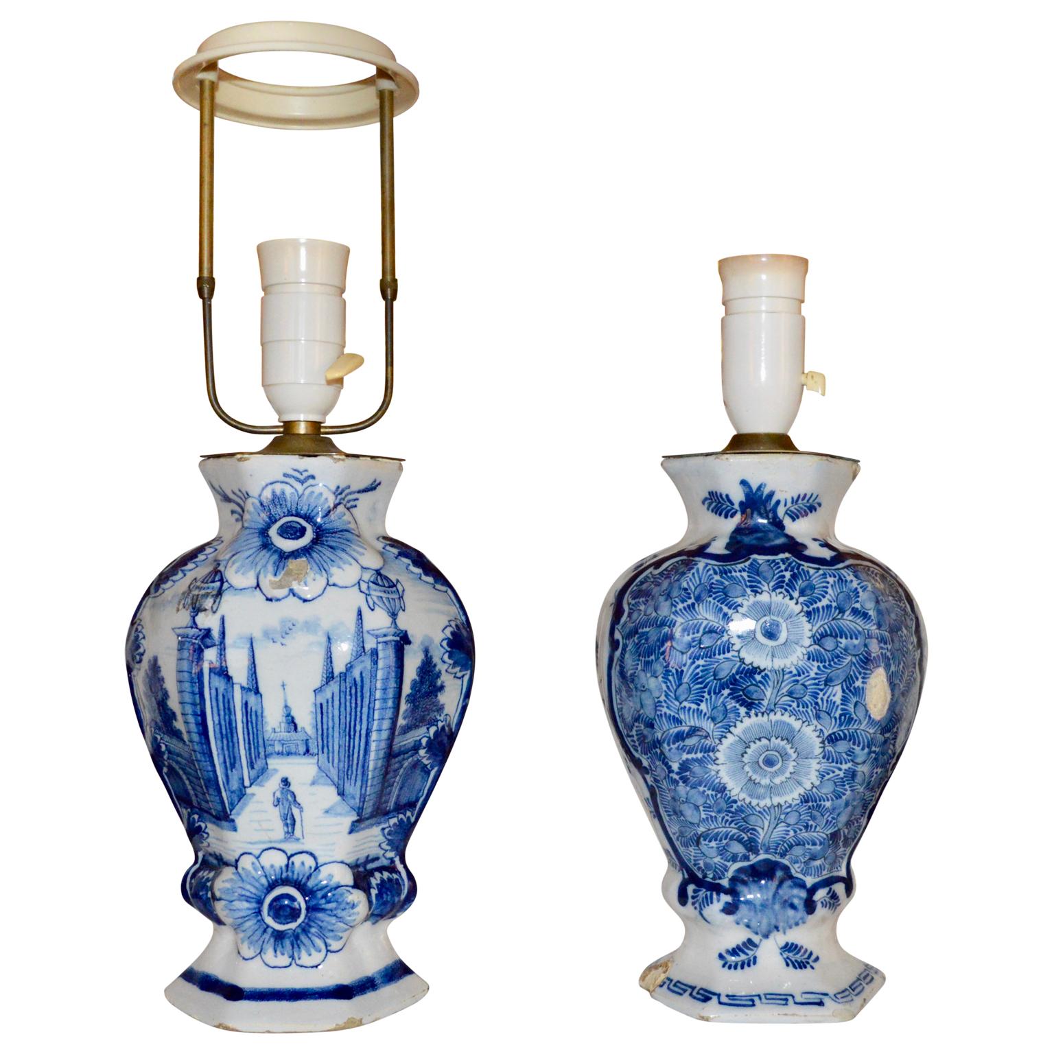 Pair of 18th century blue and white delft table lamps with brass hardware
Height of vase only is 9.5 inches.